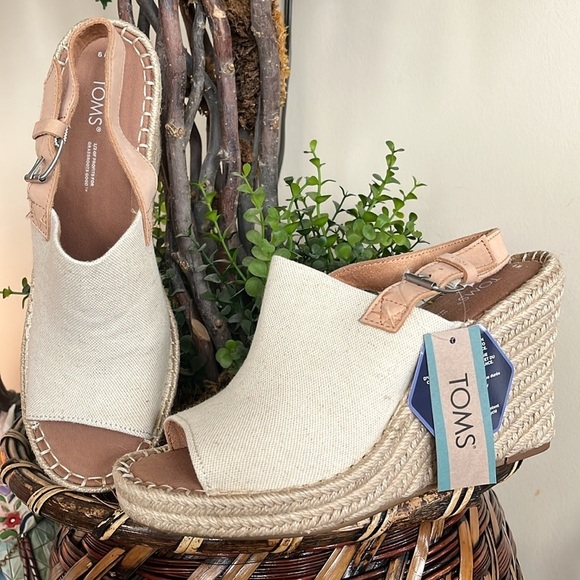 Brand New TOMS Natural Oxford Leather Neutral Espadrille Wedge Slingback Sandals - Picture 2 of 14